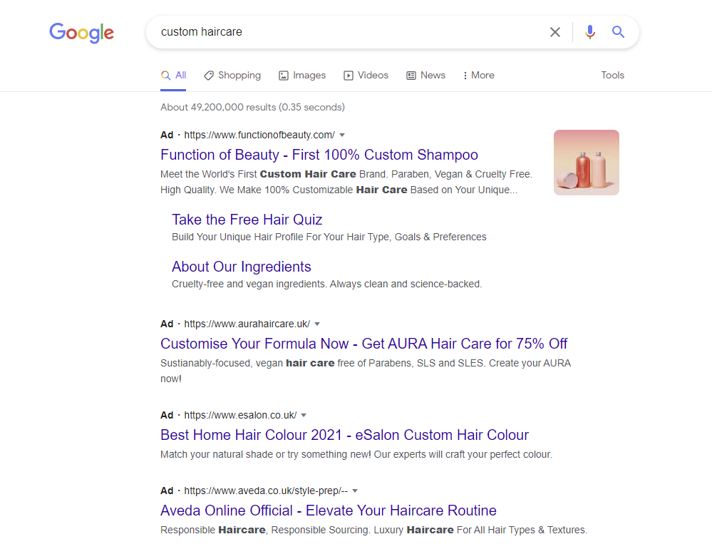 Screenshot of Google Search Results for "custom haircare"