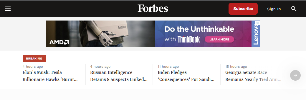 Screenshot of a banner ad on the Forbes website