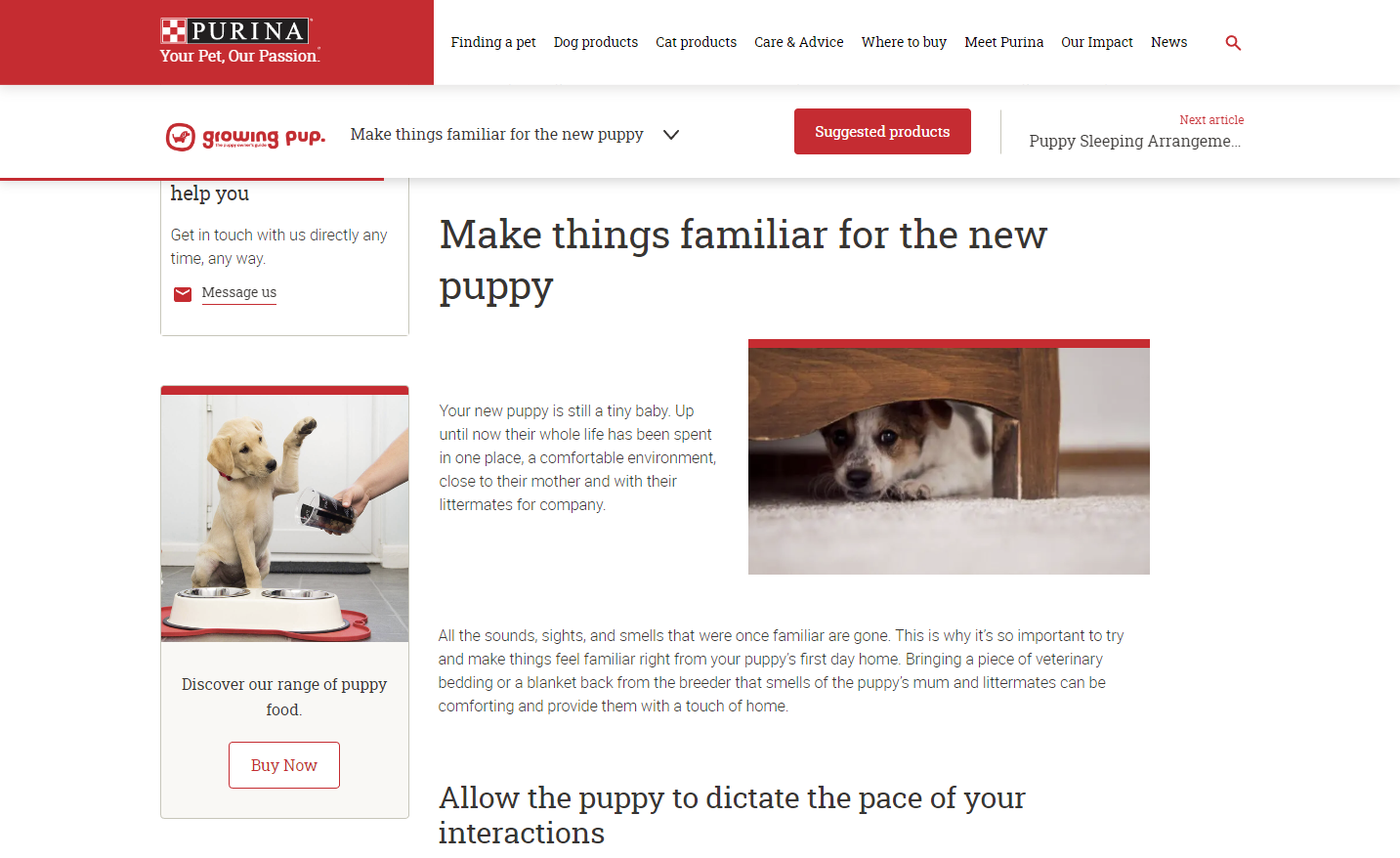 Screenshot of a Purina blog with a CTA on the left hand side