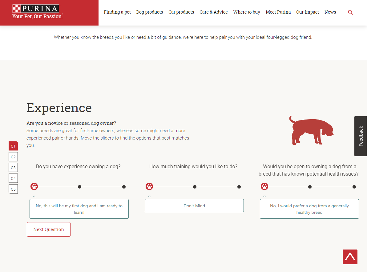 Screenshot of a Purina quiz