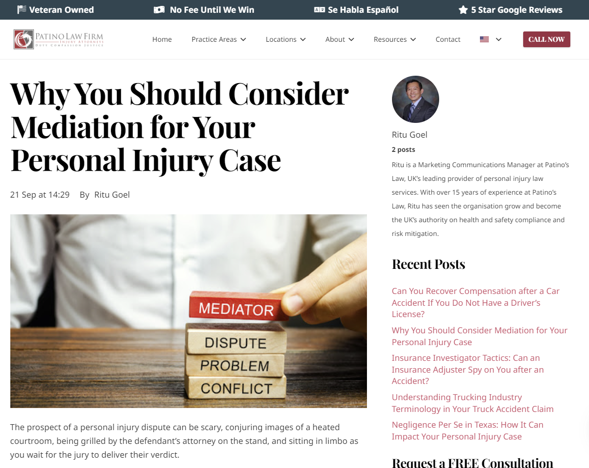 Screenshot of a law firm's blog