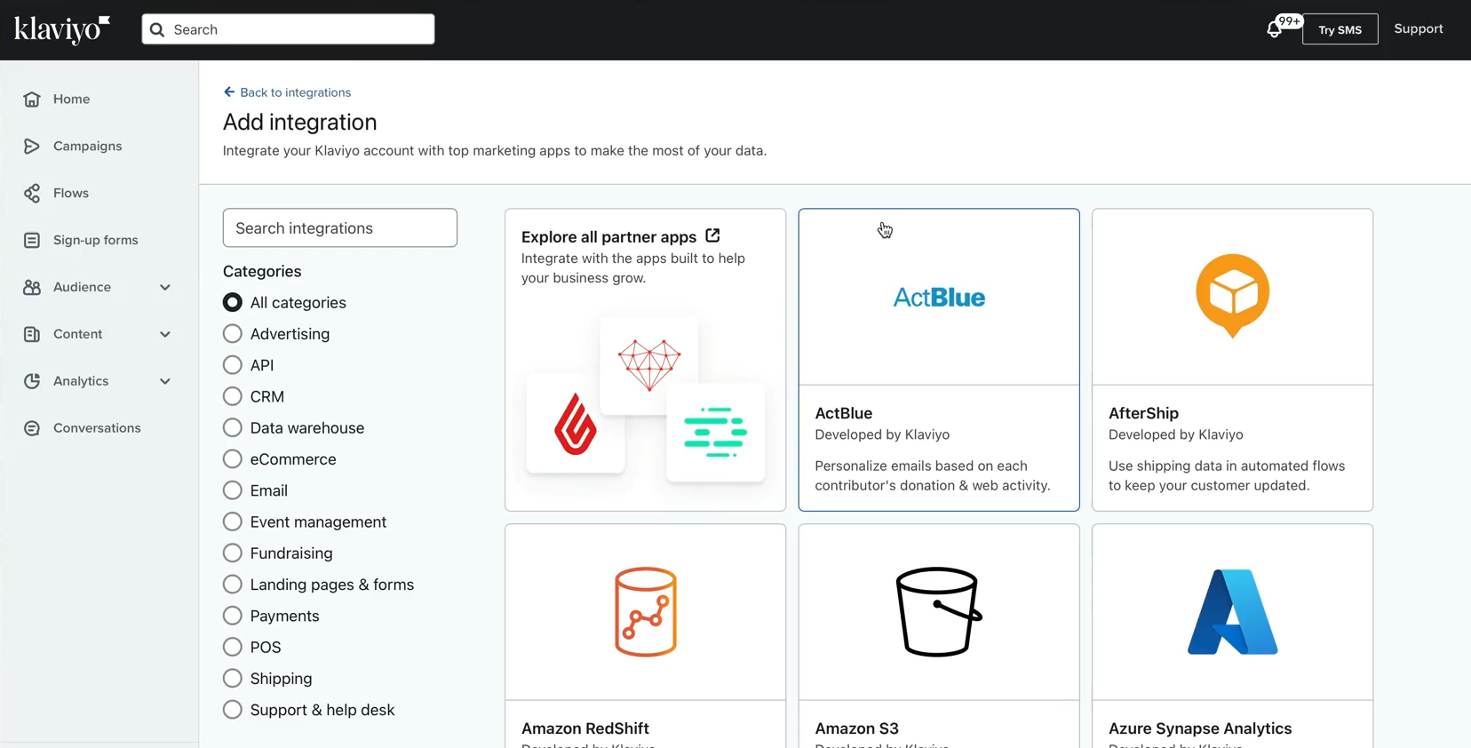 Screenshot of the Klaviyo integrations interface