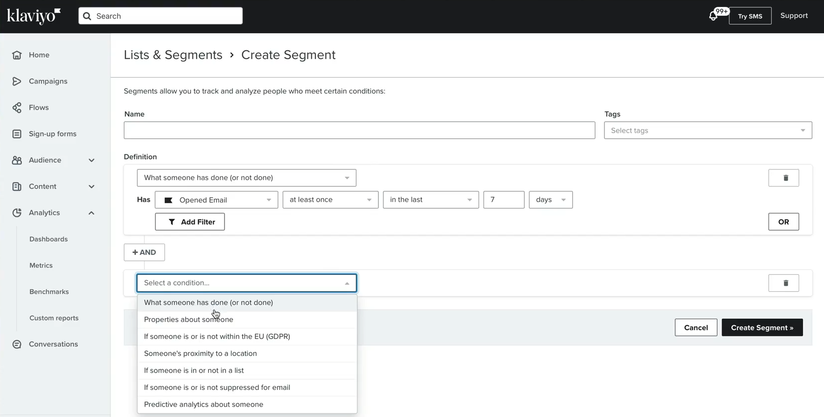 Screenshot of the segmentation interface in Klaviyo
