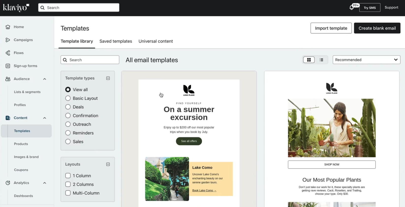 Screenshot of templates in Klaviyo