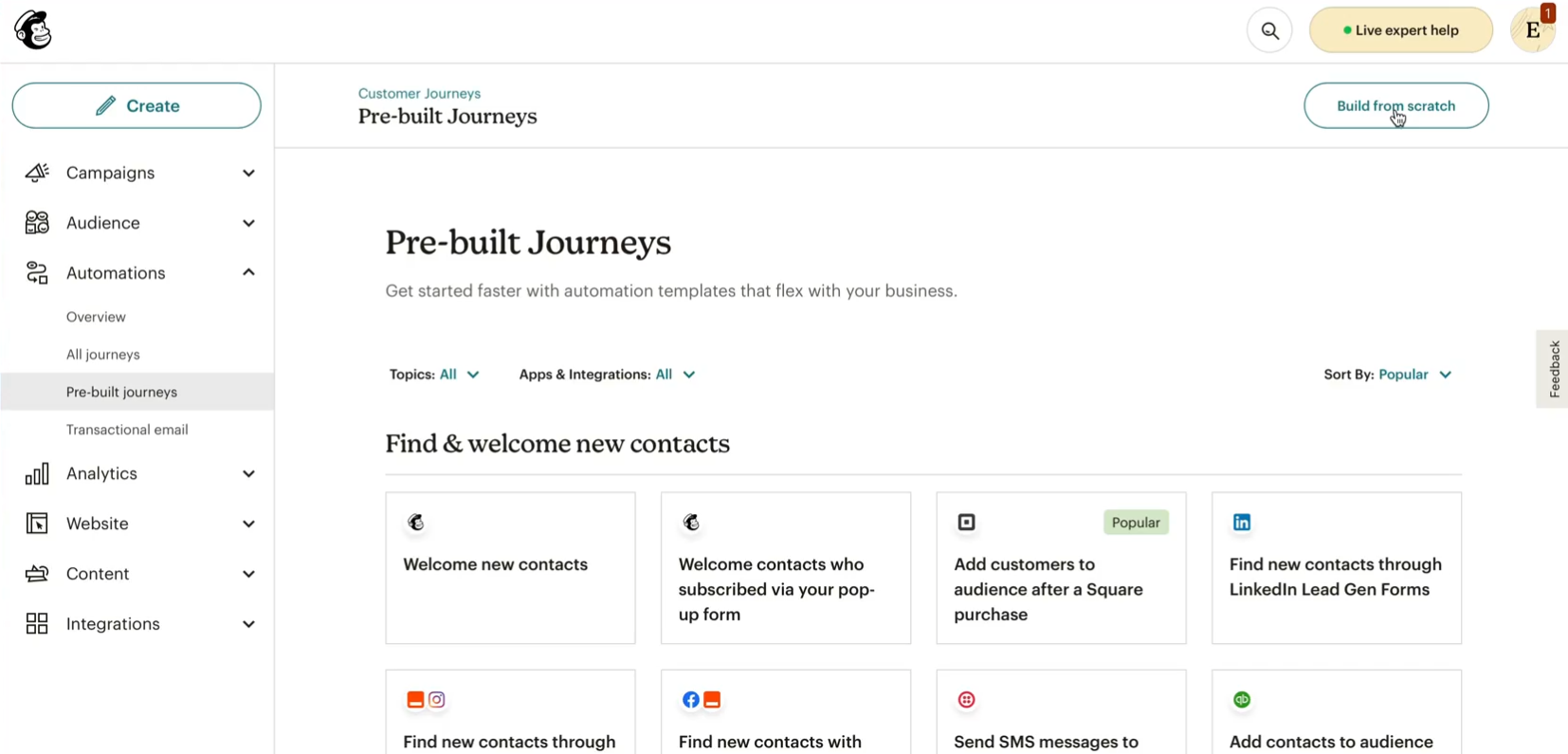 Screenshot of the Mailchimp Journeys interface (automations)