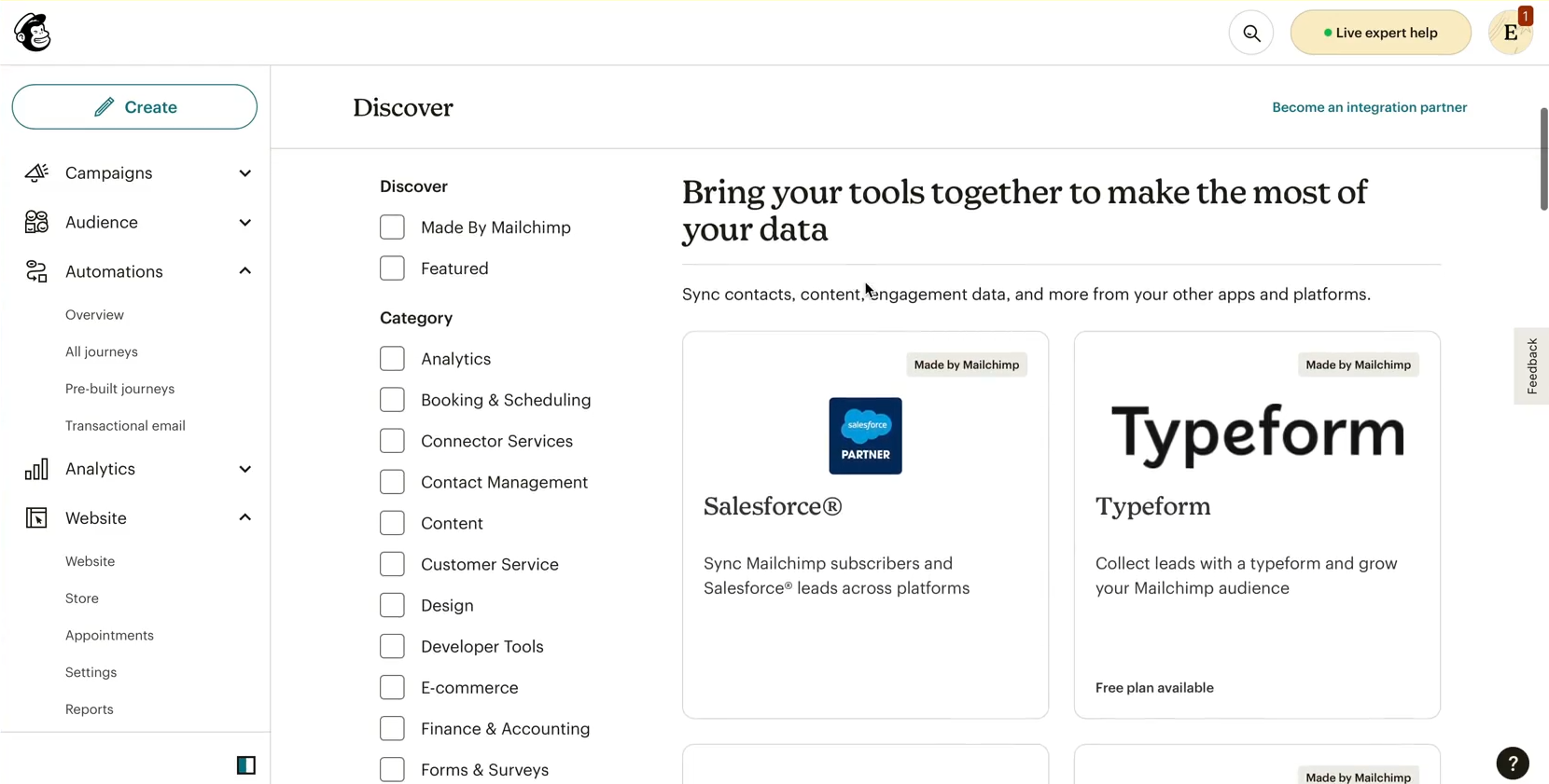 Screenshot of the Mailchimp integrations interface