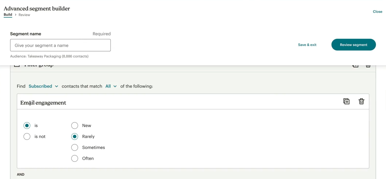 Screenshot of the segments interface in Mailchimp