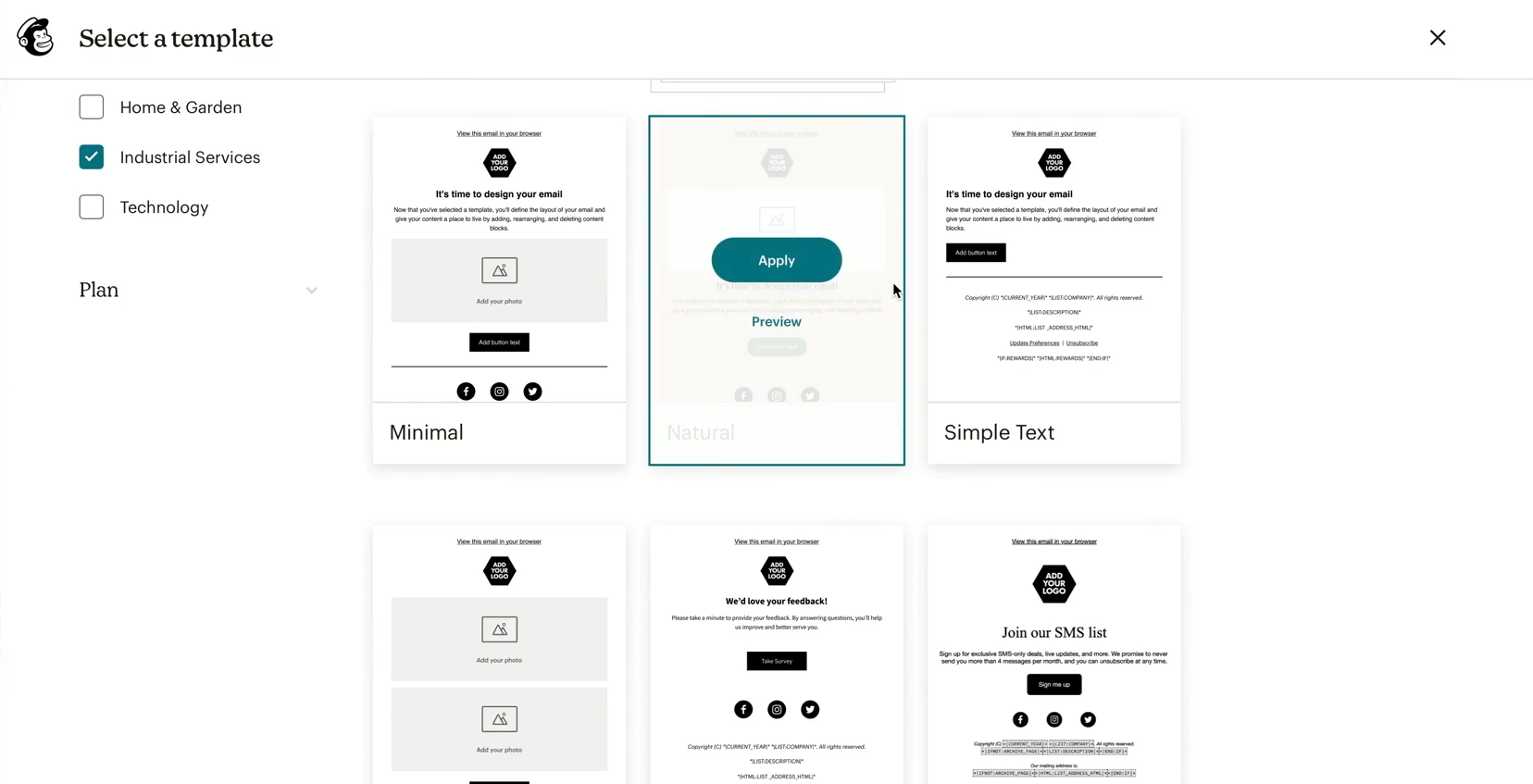 Screenshot of Mailchimp's template interfact