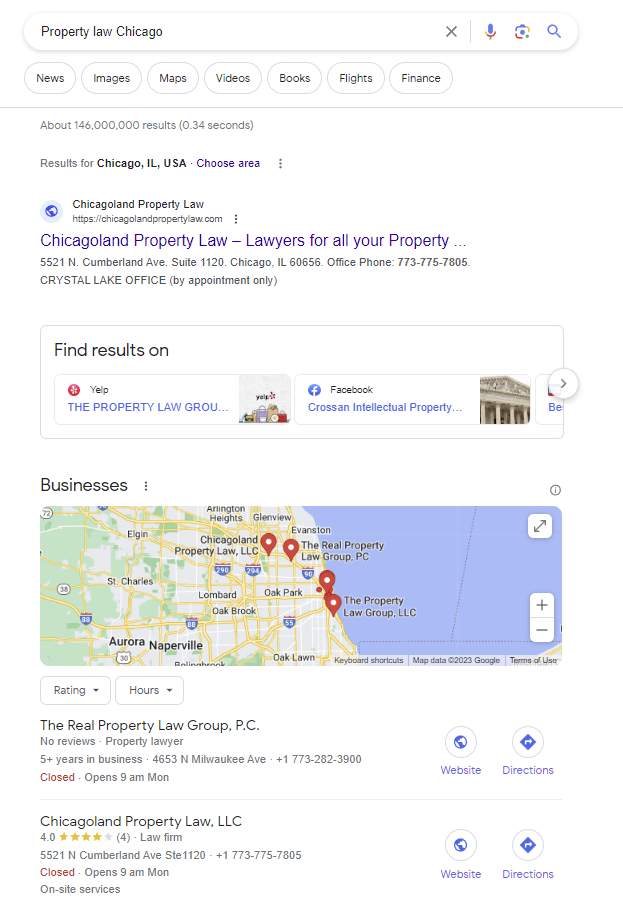 Screenshot of the SERPS for the search "property law Chicago"