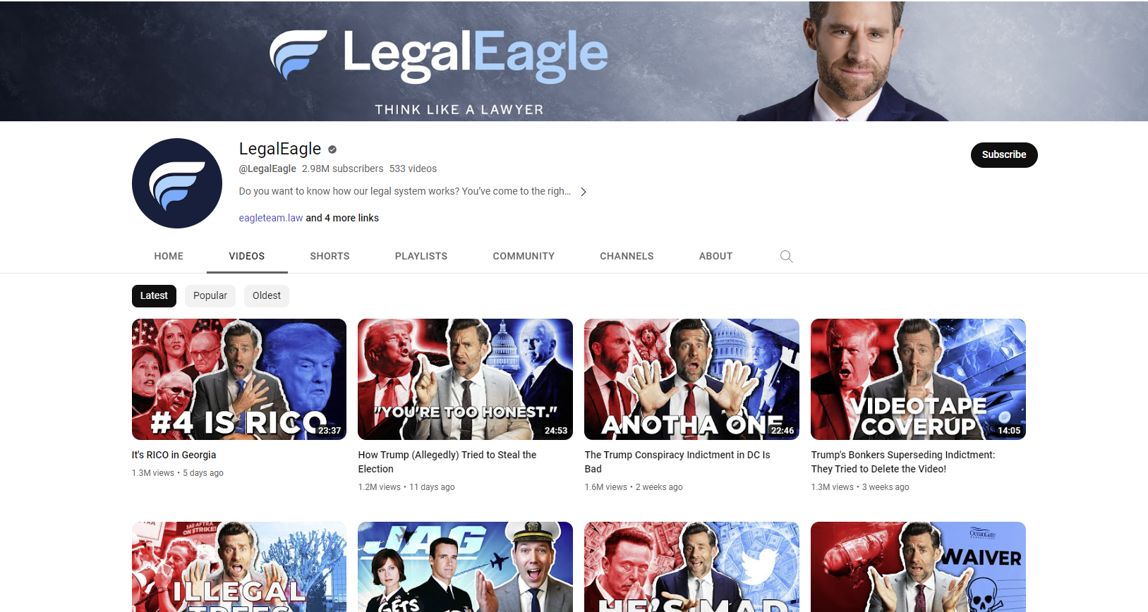 Screenshot of the Legal Eagle YouTube channel