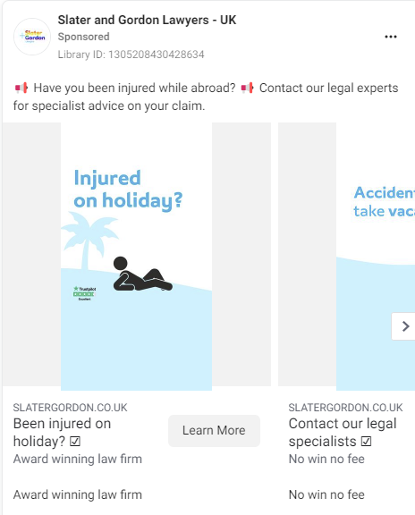 Screenshot of Slater and Gordon Facebook ads