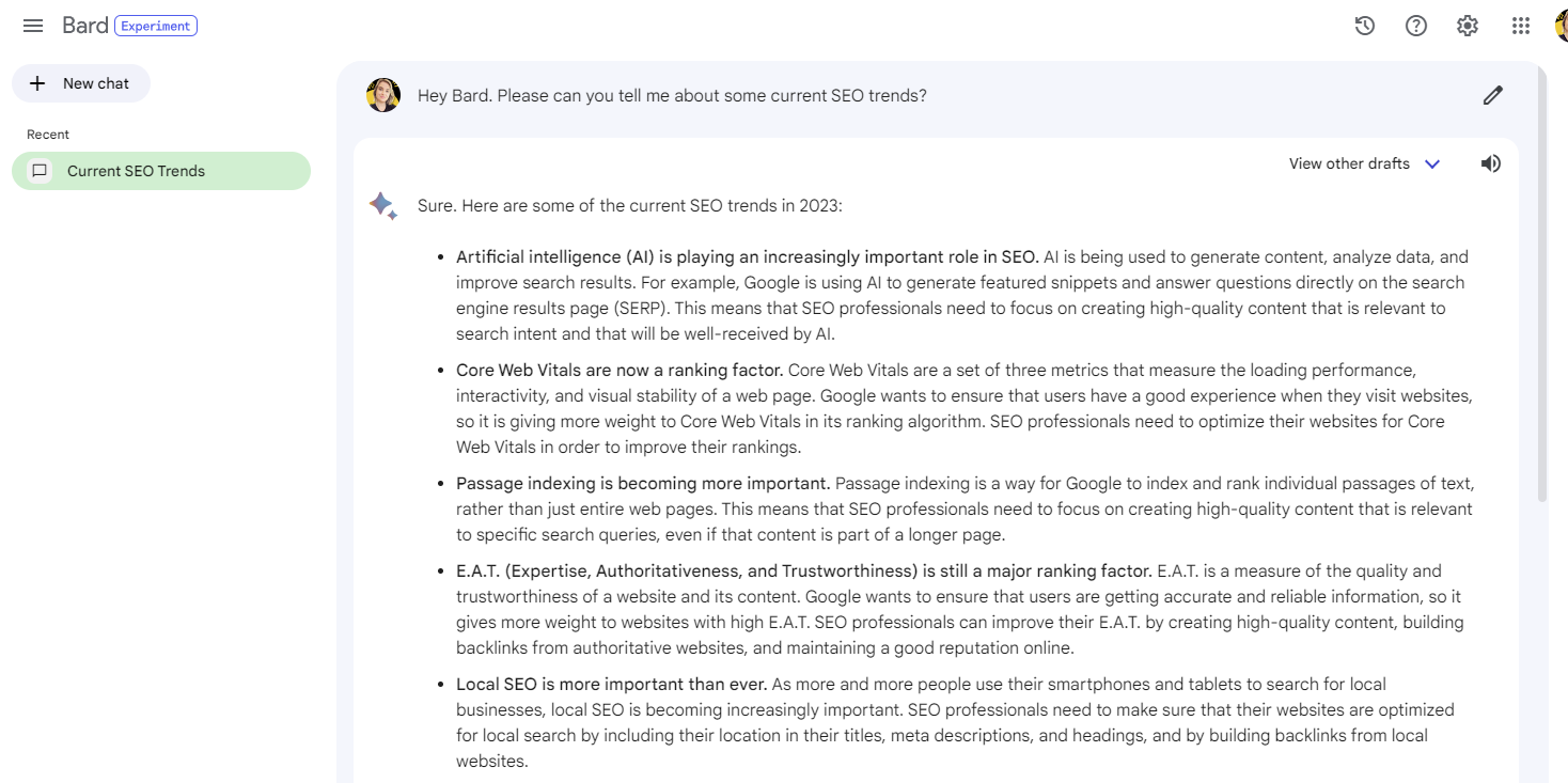 Screenshot of Google Bard