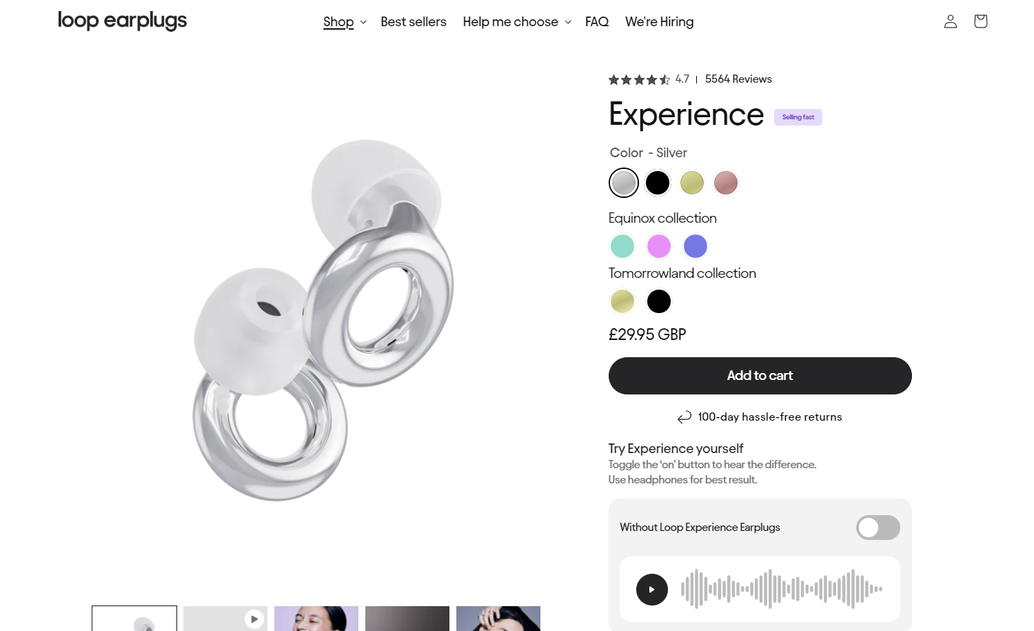 Screenshot of the landing page for Loop earplugs