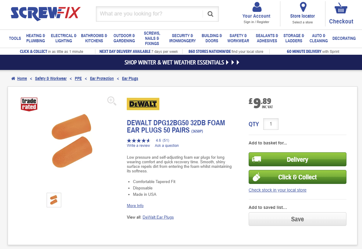 Screenshot of earplugs on the Screwfix website