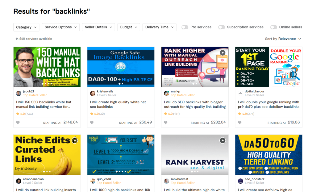 A screenshot of an online store selling backlinks