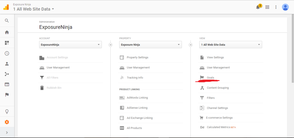 Screenshot of Google Analytics All Web Site Data Goals