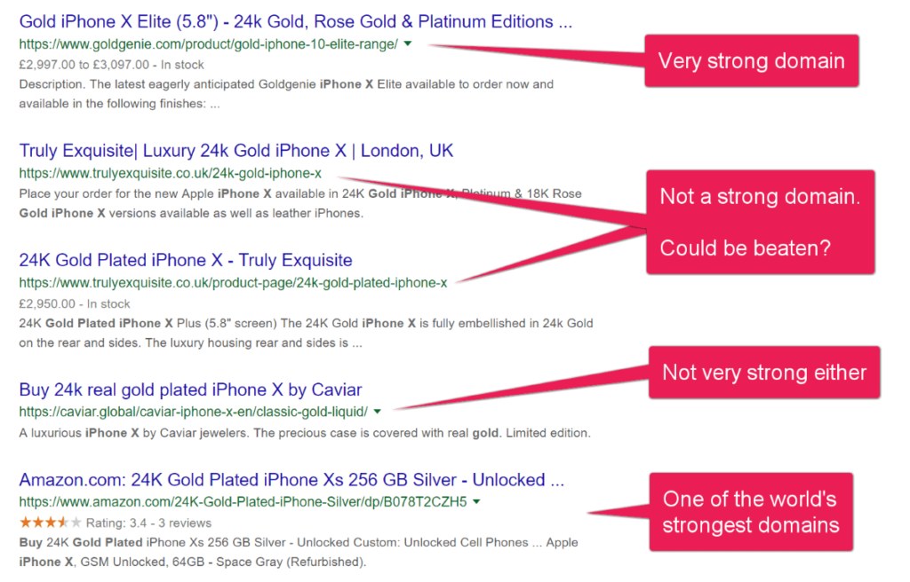 Google search result screenshot for buy gold iphone x