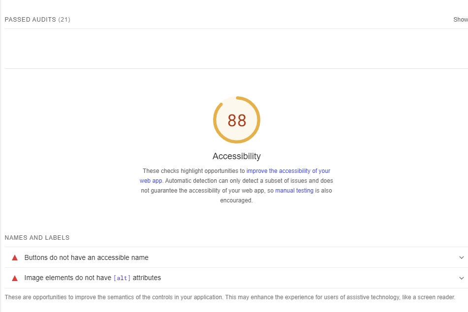 Screenshot of the accessibility data in PageSpeed Insights