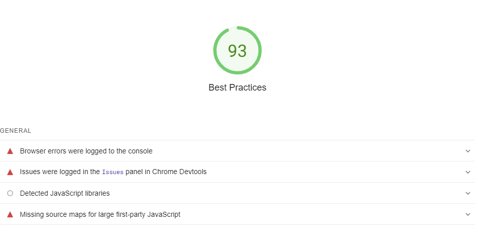 Screenshot of the best practices data in PageSpeed Insights