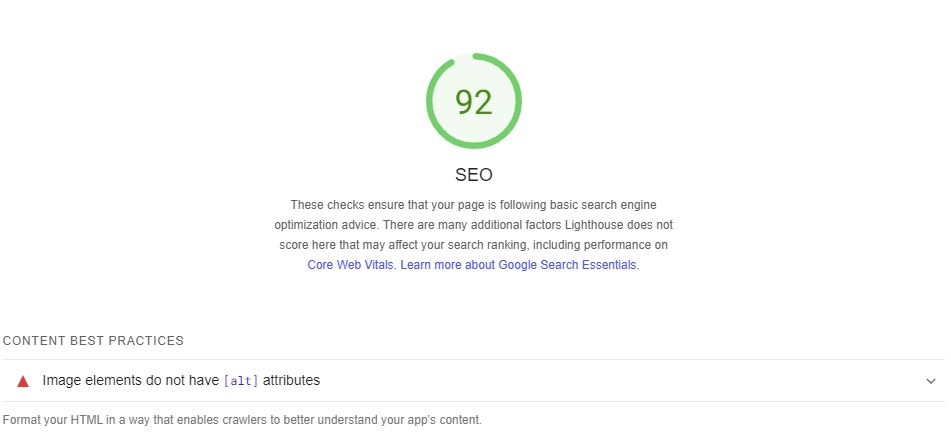 Screenshot of the SEO data in PageSpeed Insights