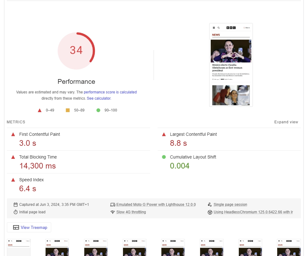 Screenshot of the performance data in PageSpeed Insights