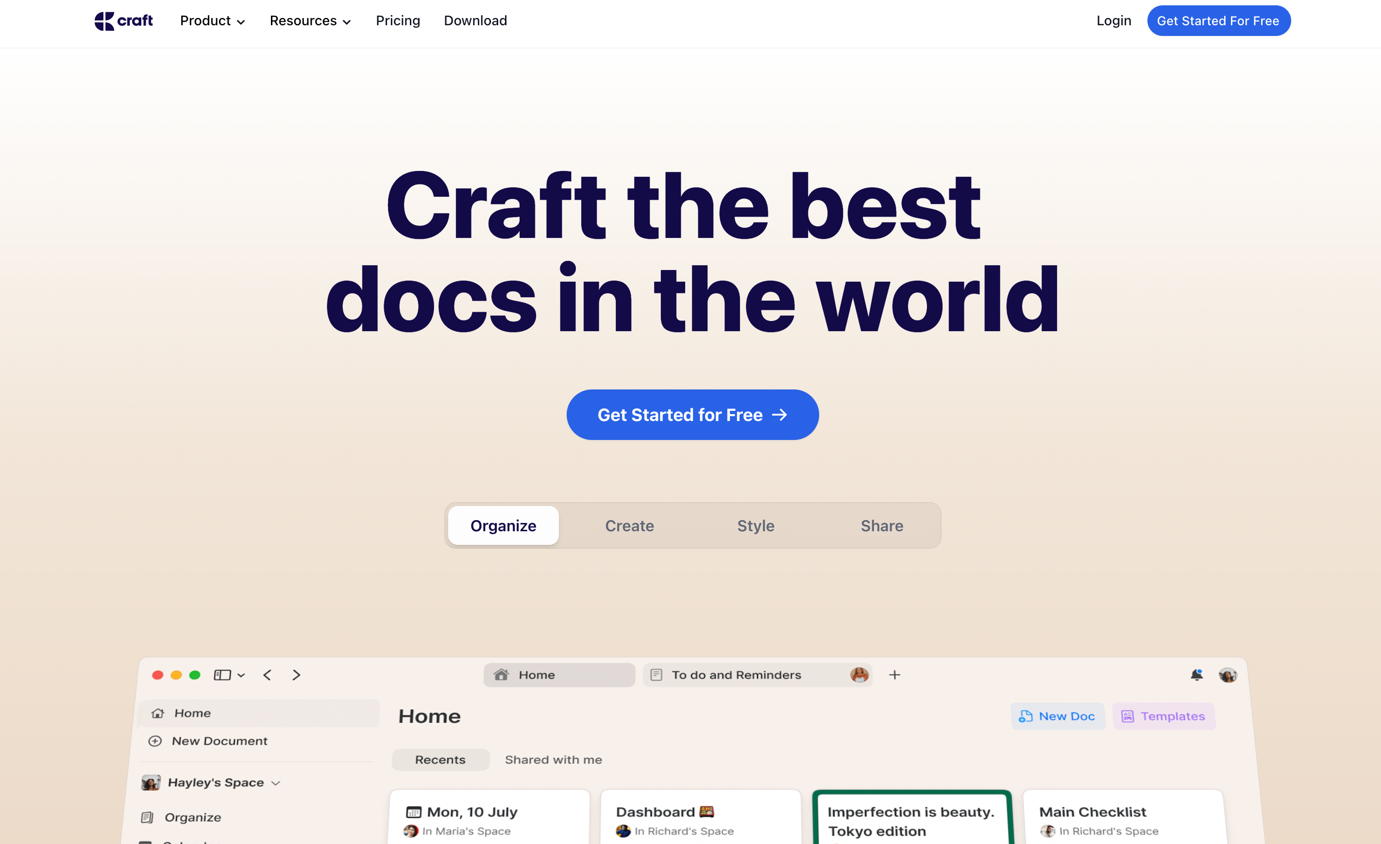 Screenshot of the Craft homepage, which uses big type