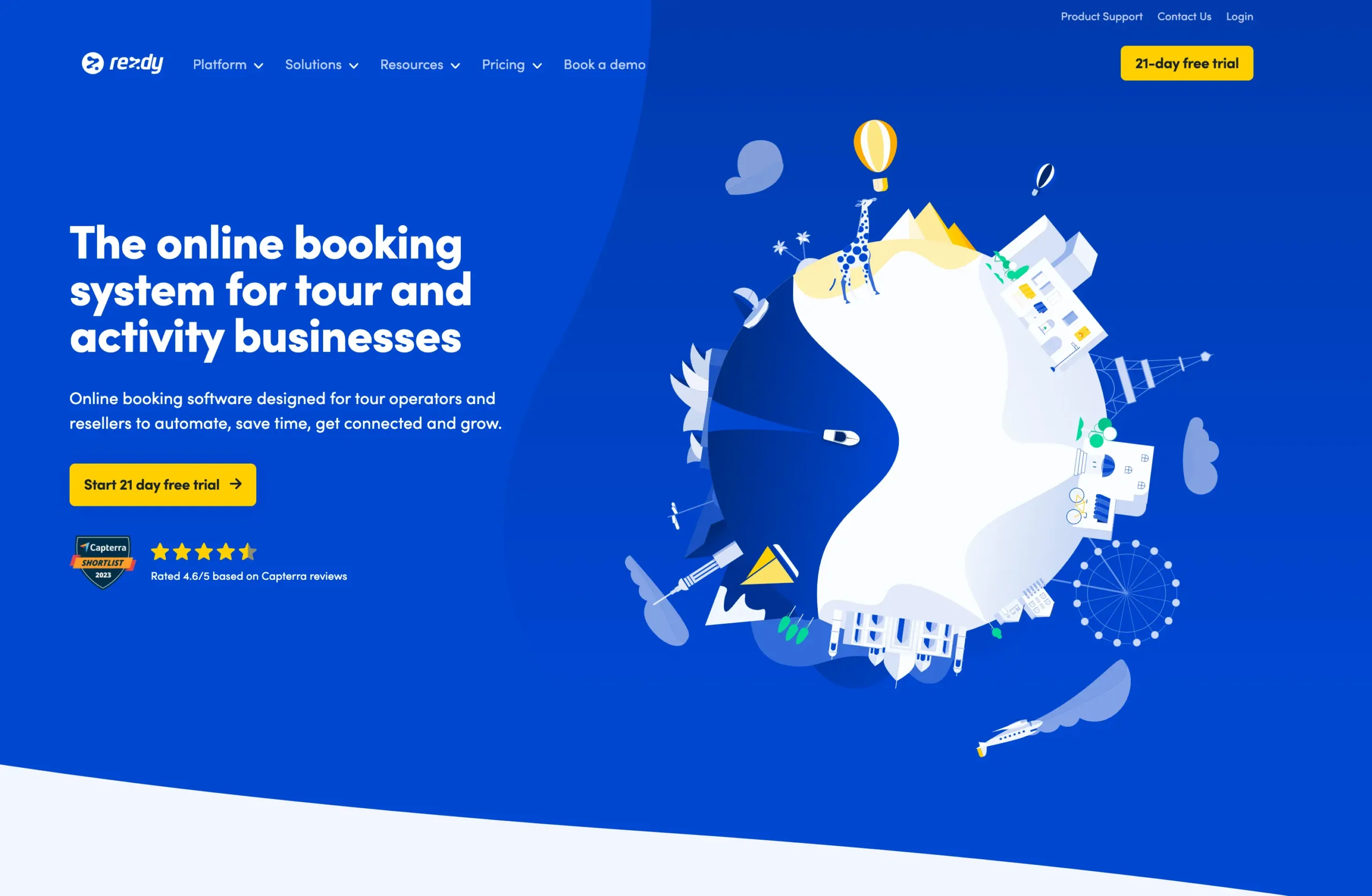 Screenshot of the Rezdy homepage. There is a clean, stylised illustration on the right-hand side