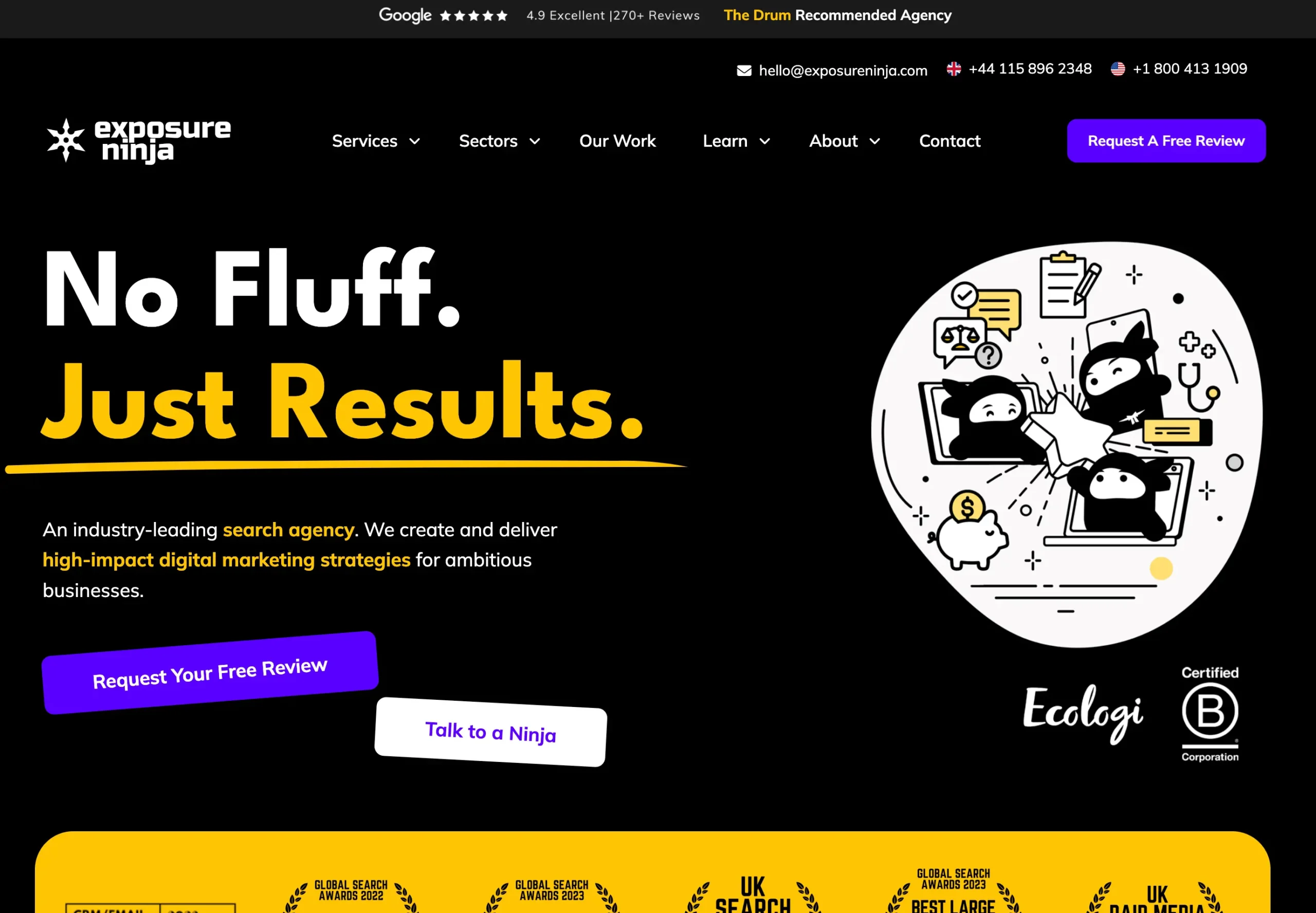 Screenshot of the Thinkplus website. There is a cute illustration of 3 ninjas on the right-hand side
