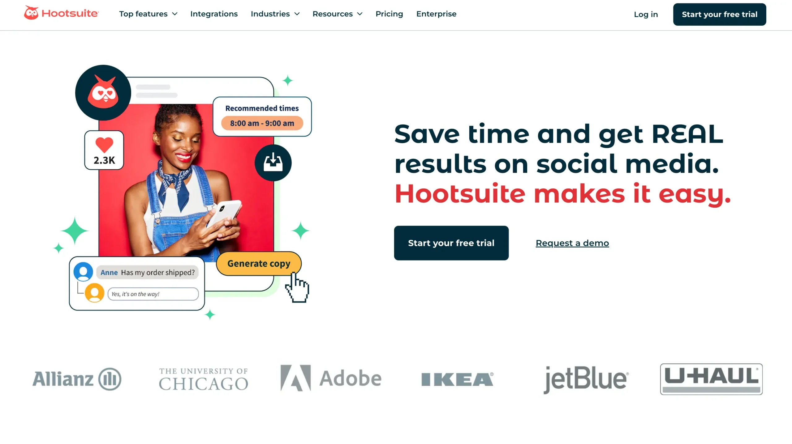 Screenshot of the Hootsuite homepage. It uses a bright red colour in several areas, in contrast to the white background